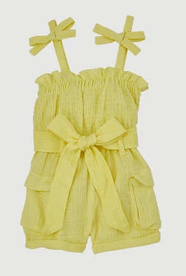 Baby Girls Gauze Knit Bow Strap Romper with Tie Waist Belt, Yellow, Size 12M