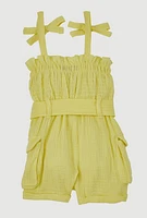 Baby Girls Gauze Knit Bow Strap Romper with Tie Waist Belt, Yellow, Size 12M