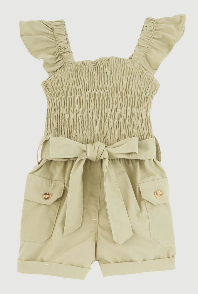 Baby Girls 12-24M Smocked Tie Waist Belted Cargo Romper, Green, Size 18M