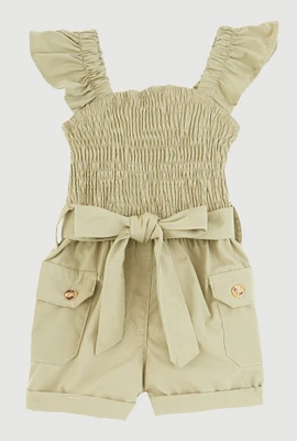 Baby Girls 12-24M Smocked Tie Waist Belted Cargo Romper, Green, Size 18M