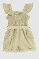 Baby Girls 12-24M Smocked Tie Waist Belted Cargo Romper, Green, Size 18M