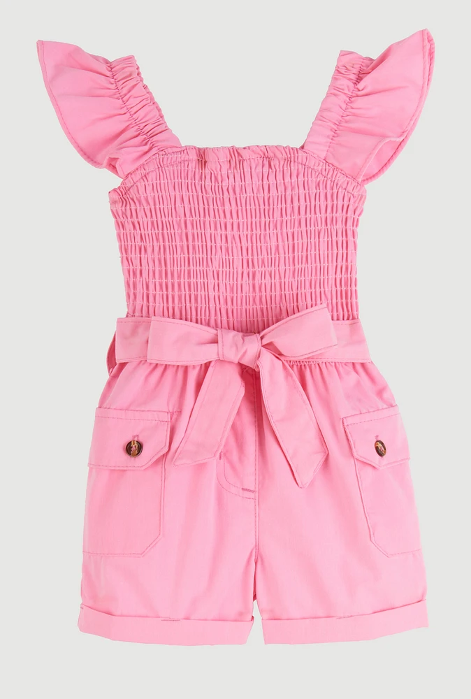 Baby Girls 12-24M Smocked Tie Waist Belted Cargo Romper, Pink, Size 12M