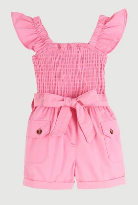 Baby Girls 12-24M Smocked Tie Waist Belted Cargo Romper, Pink, Size 12M