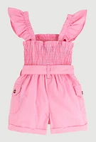 Baby Girls 12-24M Smocked Tie Waist Belted Cargo Romper, Pink, Size 12M