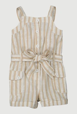Baby Girls 12-24M Lurex Striped Tie Waist Belted Romper, Beige, Size 18M