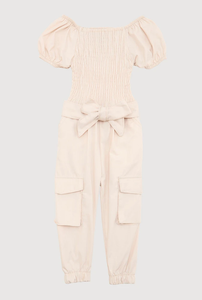 Baby Girls 12-24M Puff Sleeve Smocked Cargo Jumpsuit, Beige, Size 24M