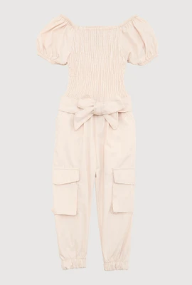 Baby Girls 12-24M Puff Sleeve Smocked Cargo Jumpsuit, Beige, Size 24M