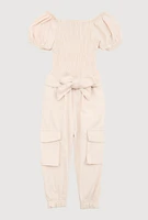 Baby Girls 12-24M Puff Sleeve Smocked Cargo Jumpsuit, Beige, Size 24M