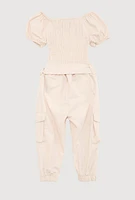Baby Girls 12-24M Puff Sleeve Smocked Cargo Jumpsuit, Beige, Size 24M