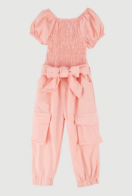 Baby Girls 12-24M Puff Sleeve Smocked Cargo Jumpsuit, Orange, Size 12M