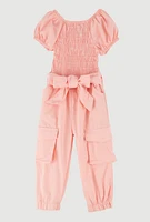 Baby Girls 12-24M Puff Sleeve Smocked Cargo Jumpsuit, Orange, Size 12M