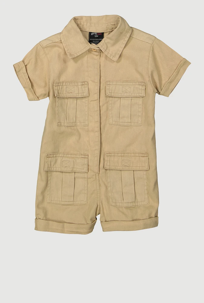 Baby Girls 12-24M Mineral Wash Button Front Utility Romper,