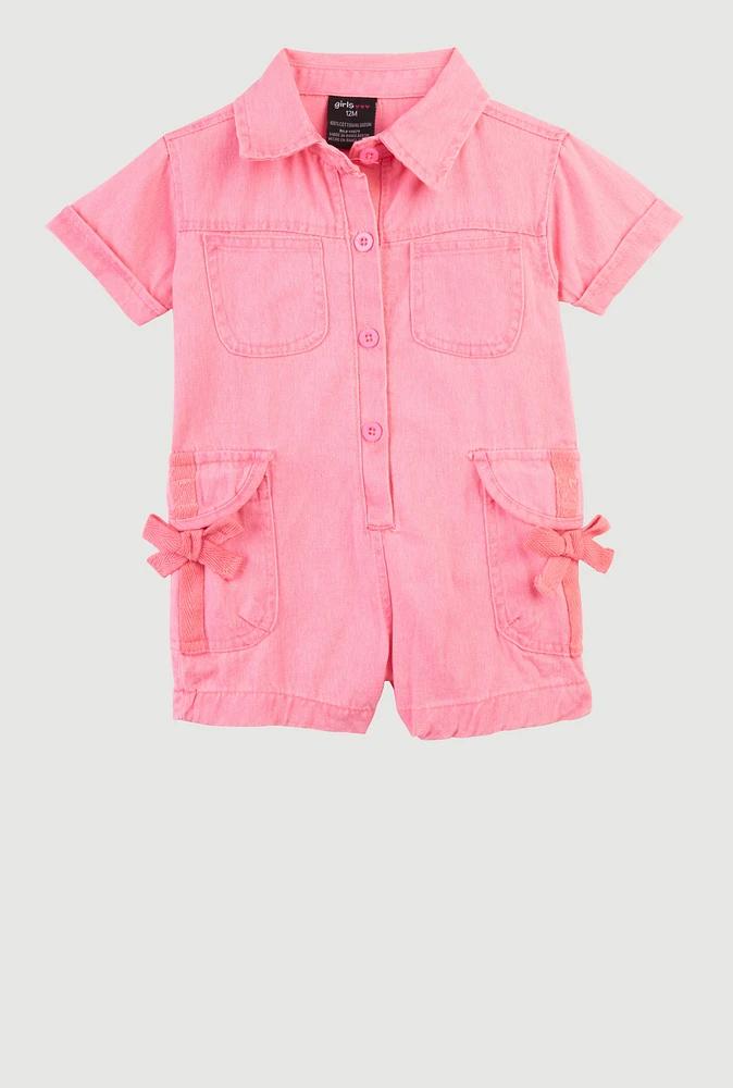 Baby Girls 12-24M Mineral Wash Bow Utility Romper, Pink, Size 12M