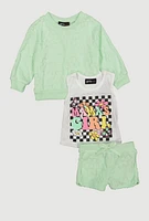 Baby Girls 12-24M Terry Cloth Sweatshirt and Shorts with Graphic Tank Top, Green, Size 12M