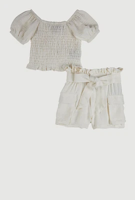 Baby Girls 12-24M Smocked Peasant Top and Shorts, White, Size 18M