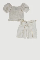 Baby Girls 12-24M Smocked Peasant Top and Shorts, White, Size 18M