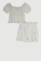 Baby Girls 12-24M Smocked Peasant Top and Shorts, White, Size 18M