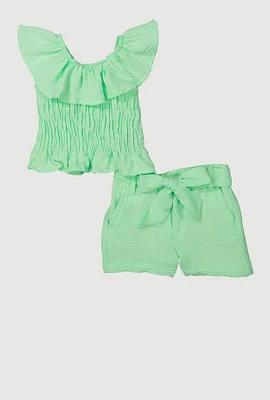 Baby Girls 12-24M Airy Ruffle Overlay Smocked Top and Belted Shorts,