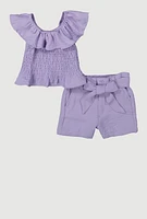 Baby Girls 12-24M Airy Ruffle Overlay Smocked Top and Belted Shorts, Purple, Size 12M