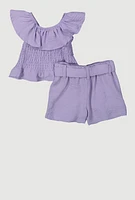 Baby Girls 12-24M Airy Ruffle Overlay Smocked Top and Belted Shorts, Purple, Size 12M