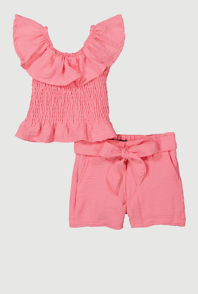 Baby Girls 12-24M Airy Ruffle Overlay Smocked Top and Belted Shorts, Pink, Size 24M