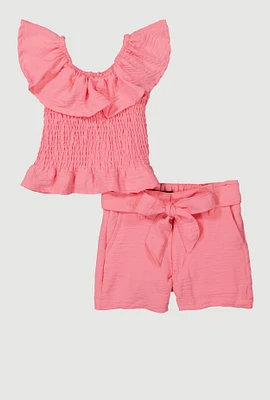 Baby Girls 12-24M Airy Ruffle Overlay Smocked Top and Belted Shorts, Pink, Size 24M
