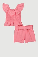 Baby Girls 12-24M Airy Ruffle Overlay Smocked Top and Belted Shorts, Pink, Size 24M