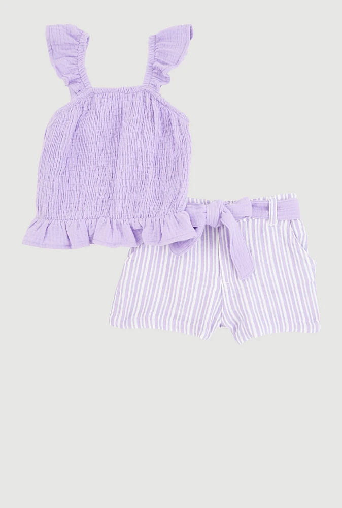 Baby Girls 12-24M Ruffled Smocked Top and Striped Shorts, Purple, Size 18M