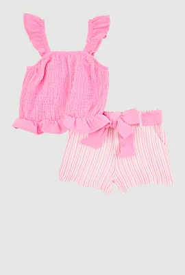 Baby Girls 12-24M Ruffled Smocked Top and Striped Shorts, Pink, Size 12M