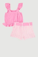 Baby Girls 12-24M Ruffled Smocked Top and Striped Shorts, Pink, Size 12M