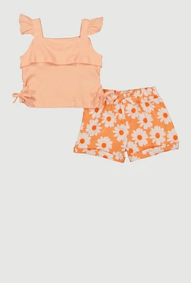 Baby Girls 12-24M Ribbed Knit Sleeveless Top and Floral Shorts, Orange, Size 24M