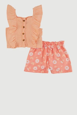 Baby Girls 12-24M Ruffled Top and Linen Floral Shorts, Orange, Size 24M