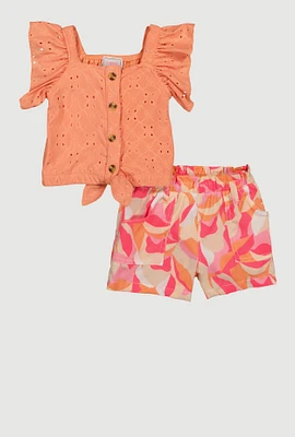 Baby Girls 12-24M Eyelet Flutter Sleeve Top and Shorts, Orange, Size 24M