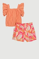Baby Girls 12-24M Eyelet Flutter Sleeve Top and Shorts, Orange, Size 18M