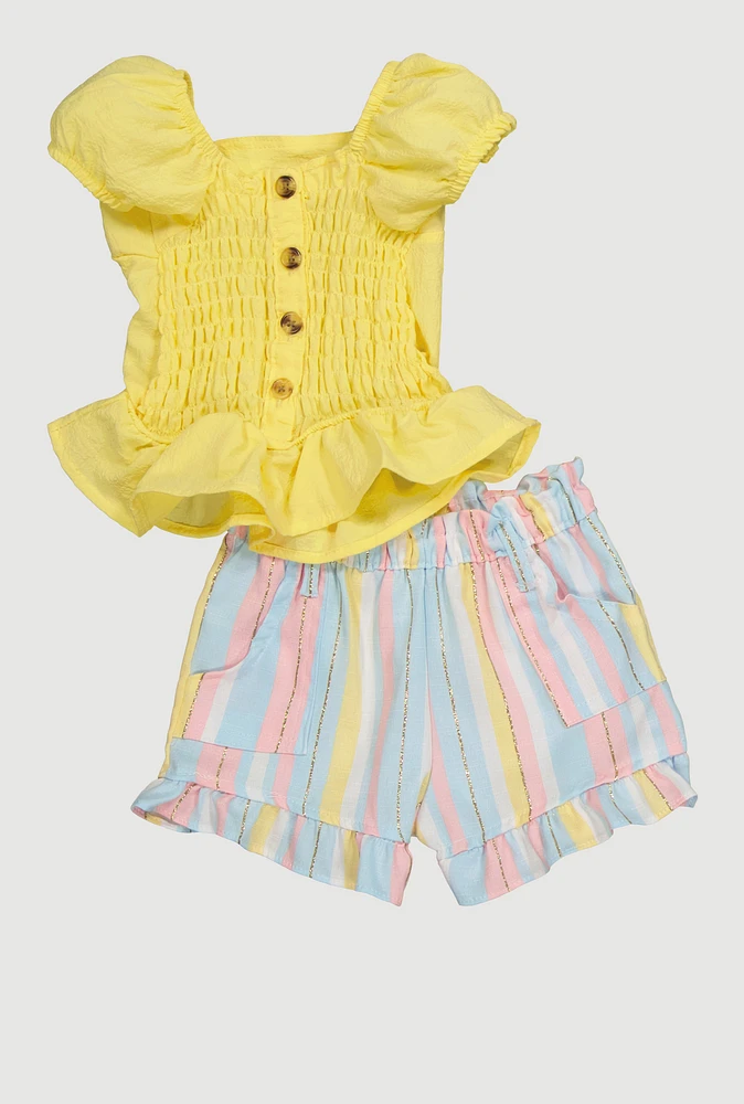 Baby Girls 12-24M Button Front Smocked Top and Shorts, Yellow, Size 24M