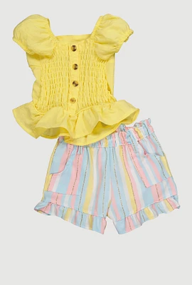 Baby Girls 12-24M Button Front Smocked Top and Shorts, Yellow, Size 24M