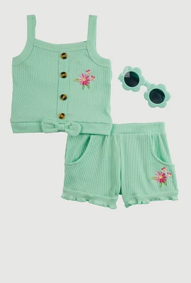 Baby Girls 12-24M Embroidered Rib Knit Tank Top and Shorts, Green, Size 24M