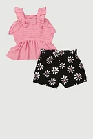 Baby Girls 12-24M Smocked Peplum Blouse and Flower Print Shorts, Multi, Size 24M