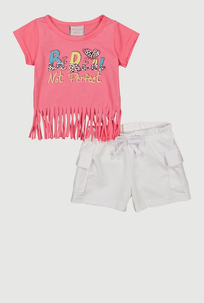 Baby Girls 12-24M Be Real Not Perfect Fringe Tee and Shorts, Multi,