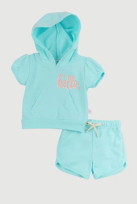Baby Girls 12-24M Hello Little Cutie Graphic Hooded Tee and Shorts, Blue, Size 24M