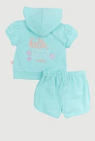 Baby Girls 12-24M Hello Little Cutie Graphic Hooded Tee and Shorts, Blue, Size 24M