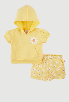 Baby Girls 12-24M Daisy Graphic Hooded Top and Shorts, Yellow, Size 12M