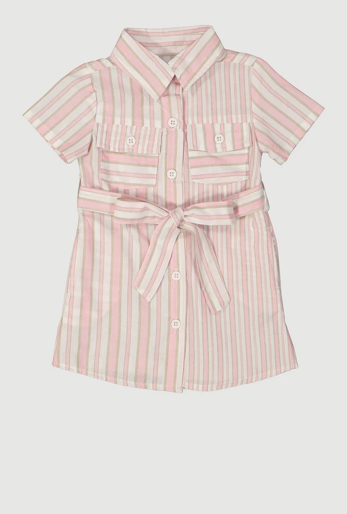 Baby Girls 12-24M Striped Tie Waist Belted Shirt Dress, Pink, Size 18M
