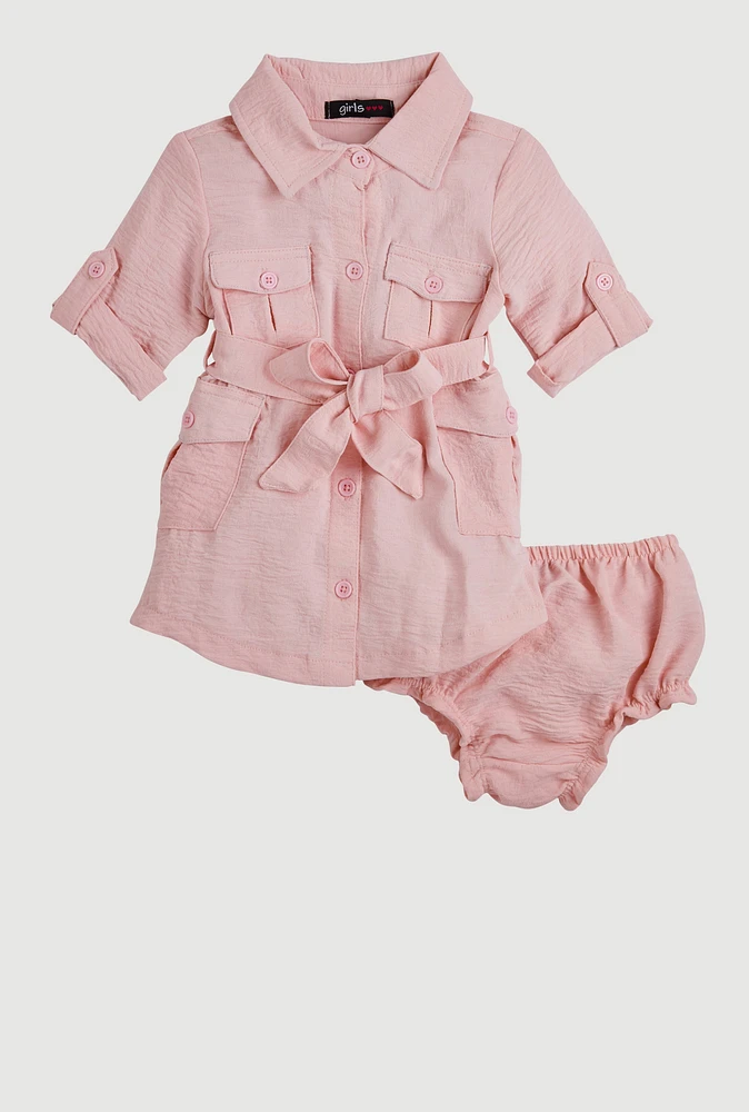 Baby Girls 12-24M Airy Tie Waist Belted Shirt Dress, Pink, Size 18M