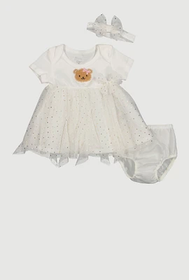Baby Girls 12-24M Chenille Bear Tulle Dress with Bubble Shorts, White, Size 24M