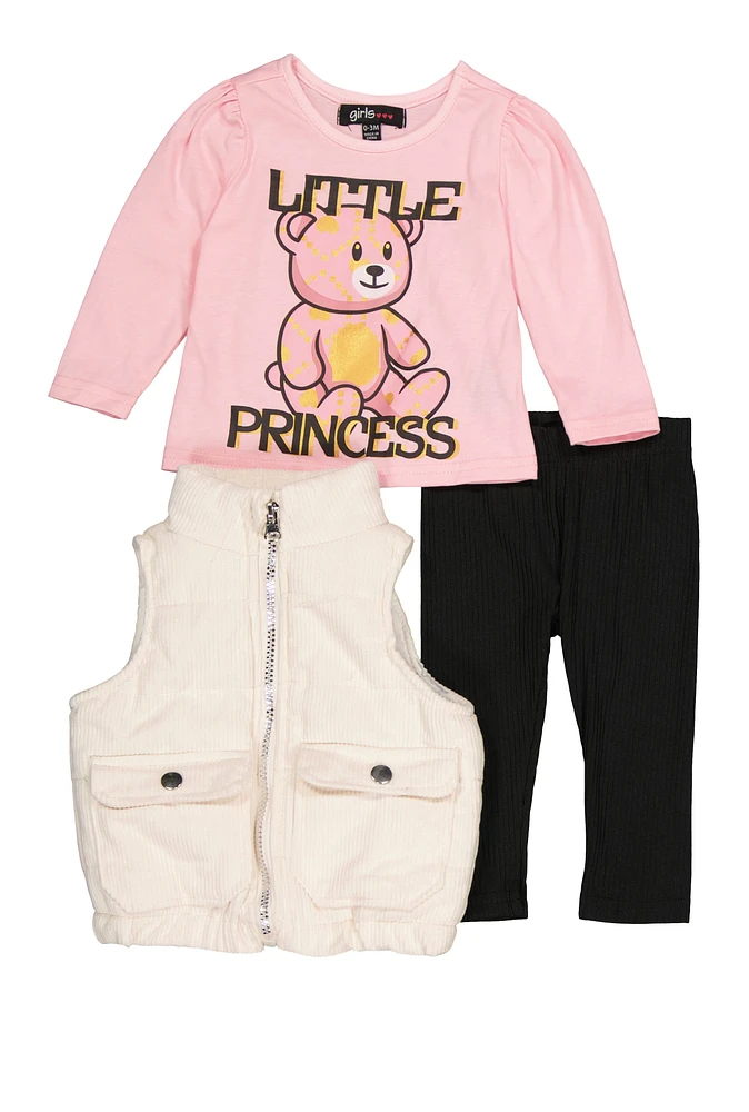 Baby Girls 0-9M Little Princess Graphic Top and Vest with Leggings, Multi,