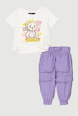 Baby Girls 0-9M Unique Bear Graphic Tee and Cargo Joggers, Purple, Size 3-6M