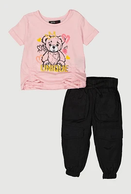 Baby Girls 0-9M Unique Bear Graphic Tee and Cargo Joggers, Pink, Size 0-3M