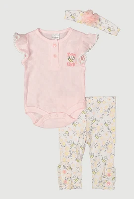 Baby Girls 0-9M Waffle Knit Bee Kind Bodysuit and Leggings Set, Pink, Size 3-6M
