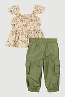 Baby Girls 0-9M Floral Print Peplum Top and Joggers, Green, Size 3-6M